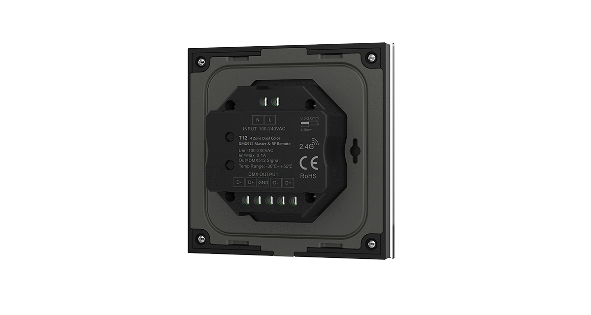 4 Zone | Wireless | DMX | Single Colour | Wall Plate Controller (Black) - Image 2